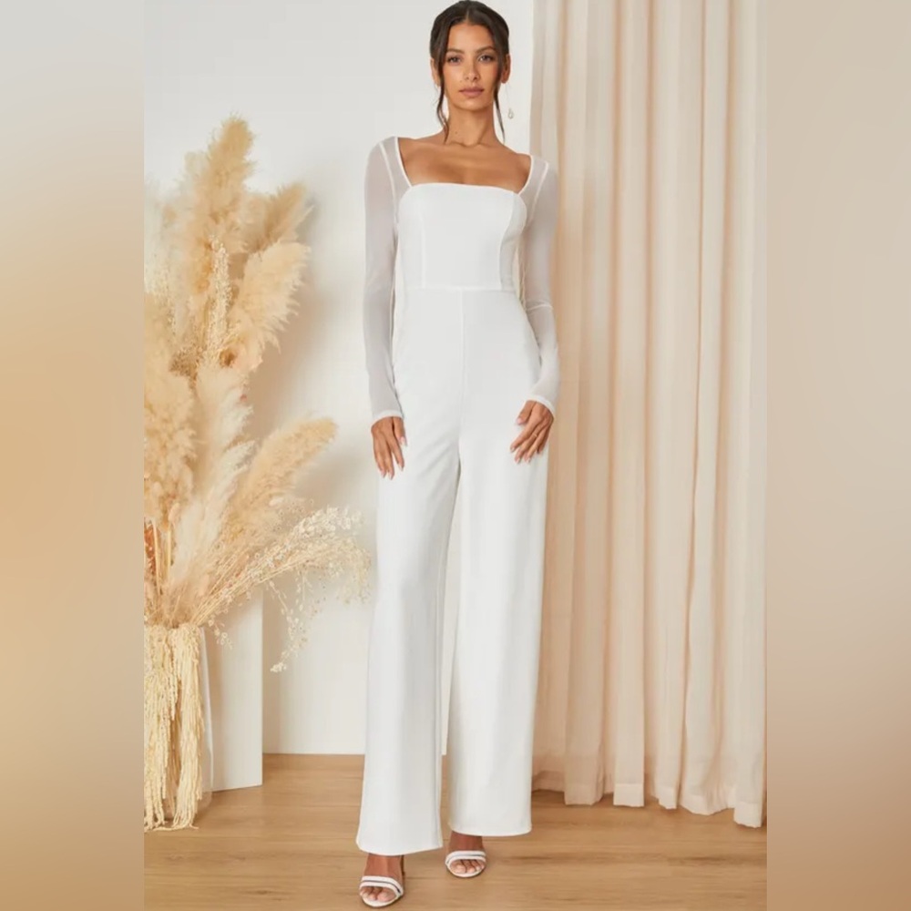 Lulu’s Elegant White Long-Sleeve Square-Neck Jumpsuit